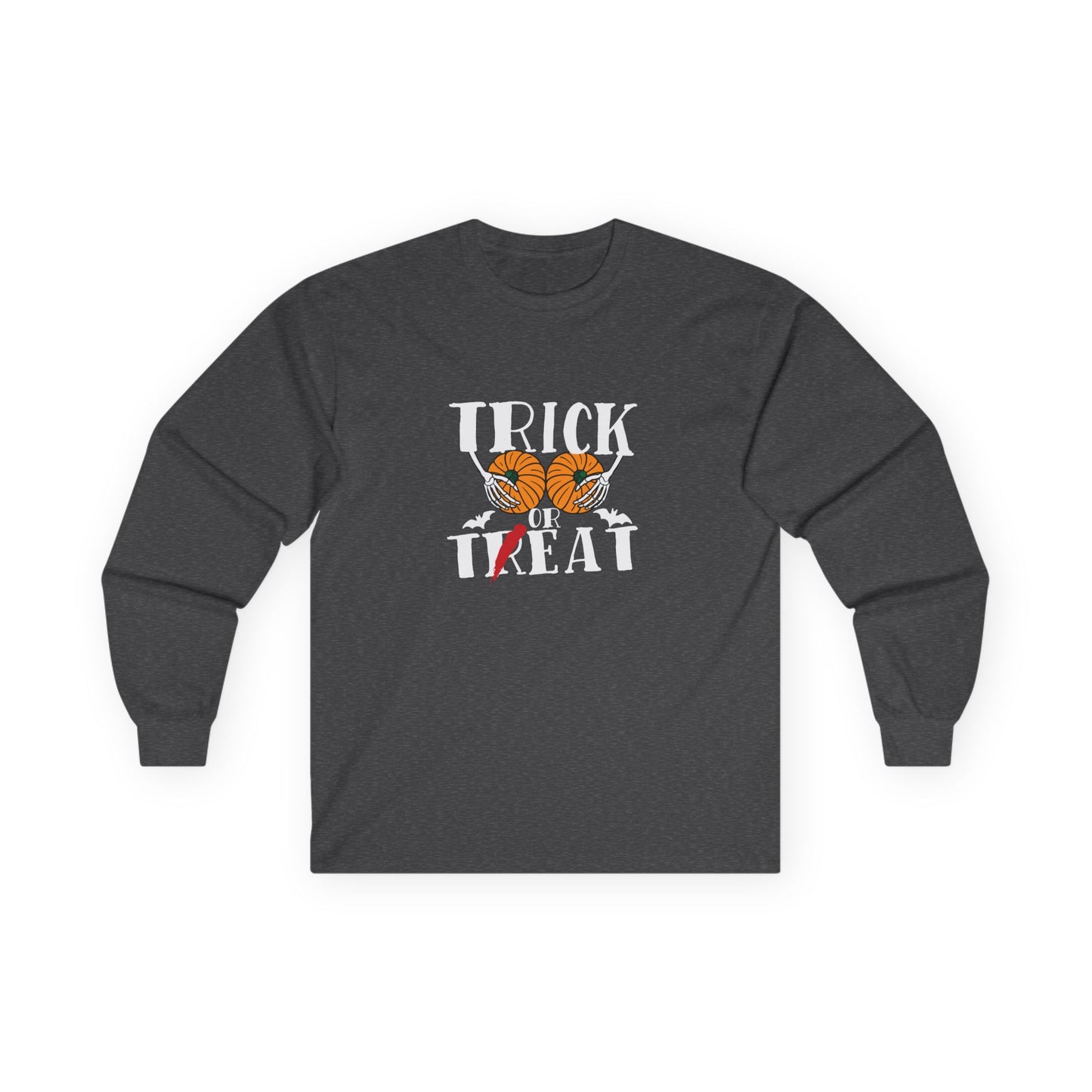 Skeleton hands holding two pumpkins like breasts with the text “Trick or Teat”, a funny Halloween pun shirt design.