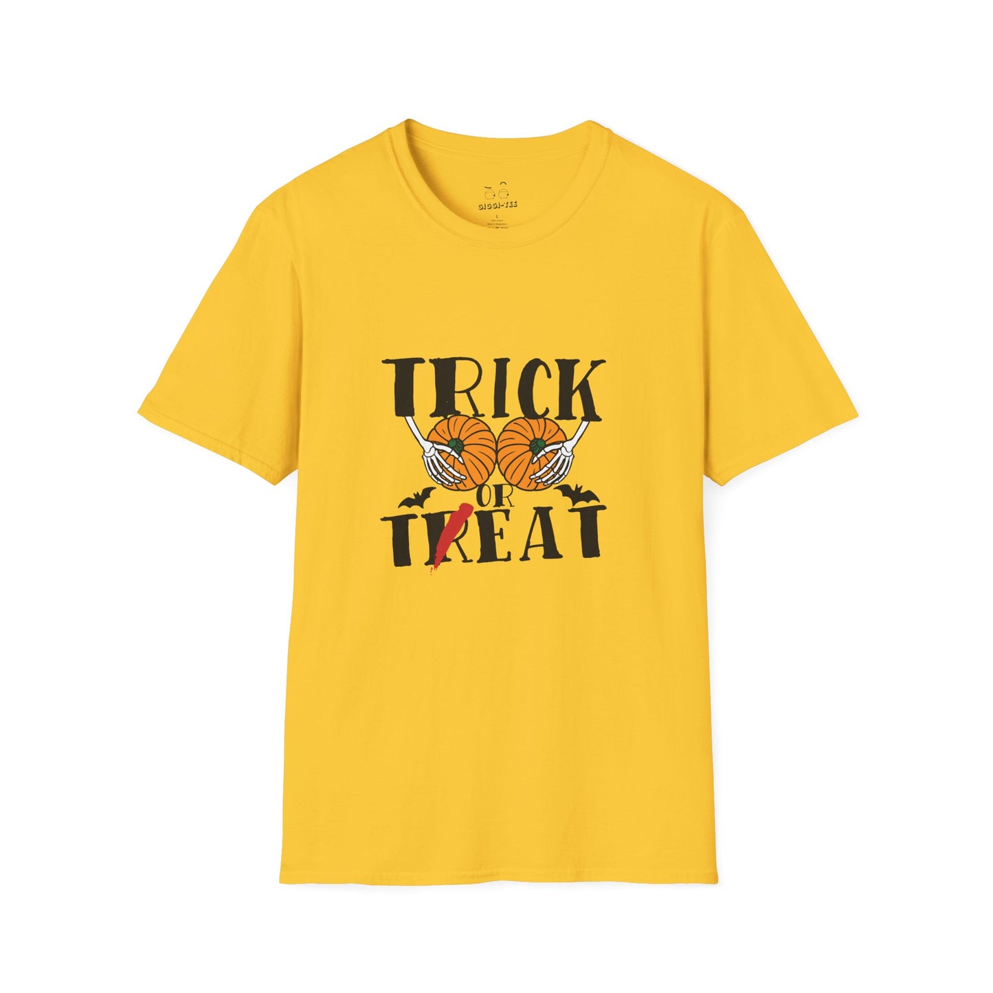 Skeleton hands holding two pumpkins like breasts with the text “Trick or Teat”, a funny Halloween pun shirt design.