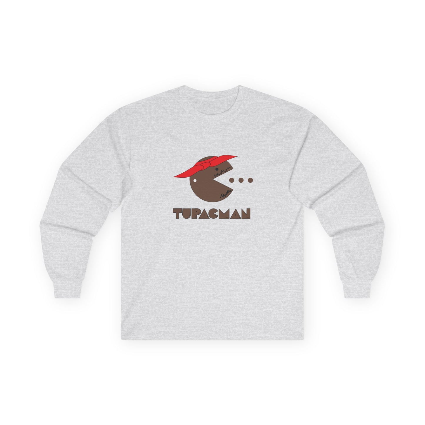 Tupacman t-shirt parody of Pac-Man as Tupac Shakur with red bandana, beard, and earring, funny rapper mashup shirt.