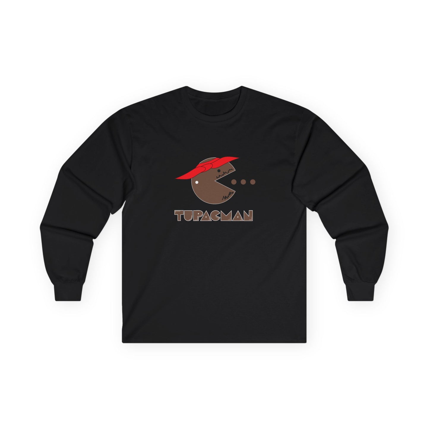 Tupacman t-shirt parody of Pac-Man as Tupac Shakur with red bandana, beard, and earring, funny rapper mashup shirt.