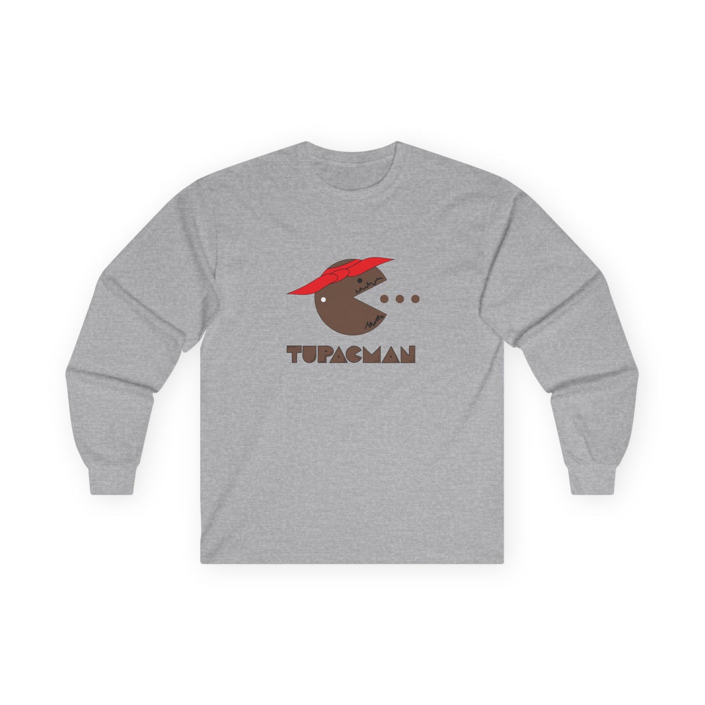 Tupacman t-shirt parody of Pac-Man as Tupac Shakur with red bandana, beard, and earring, funny rapper mashup shirt.