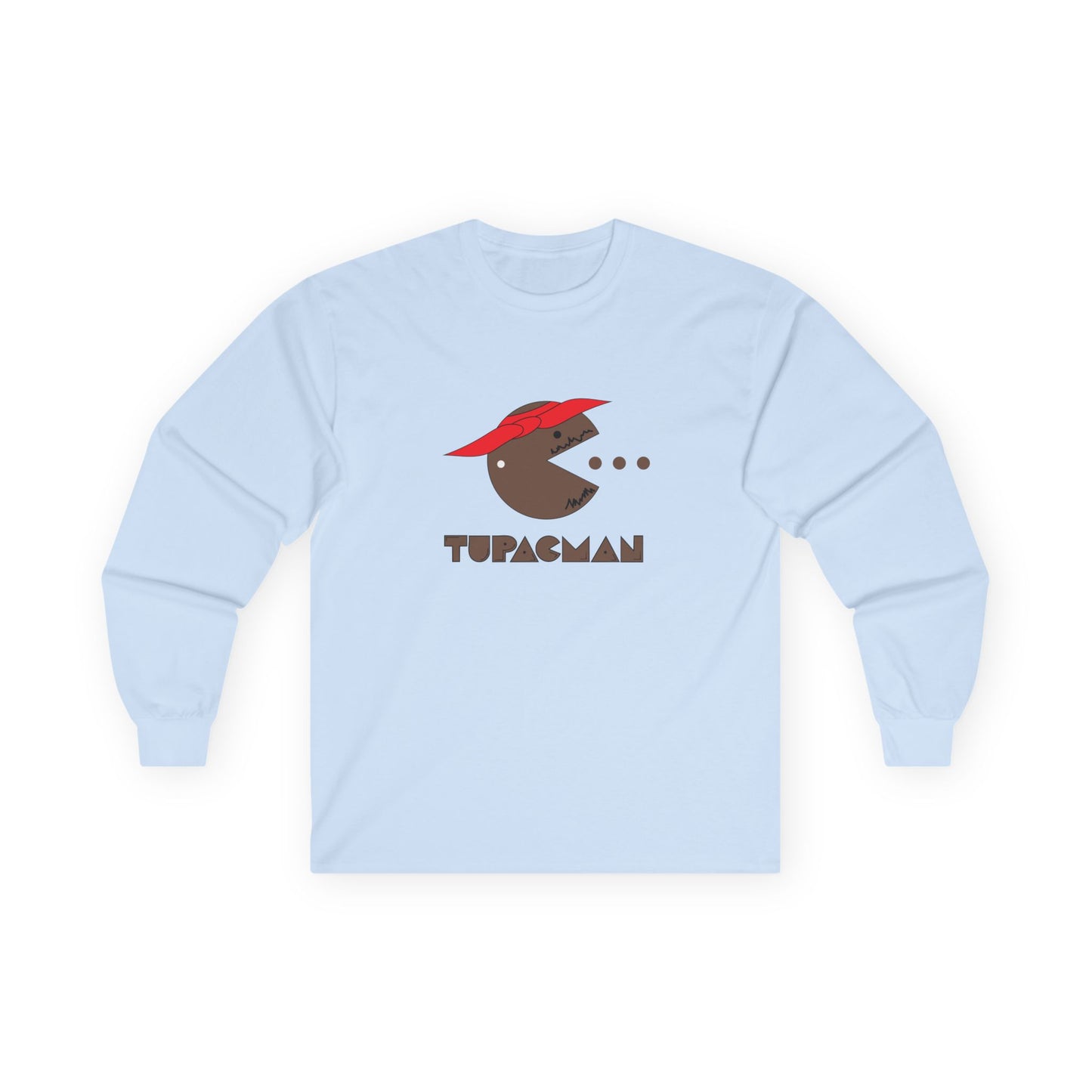 Tupacman t-shirt parody of Pac-Man as Tupac Shakur with red bandana, beard, and earring, funny rapper mashup shirt.