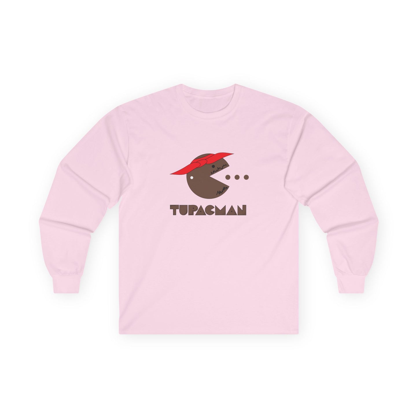 Tupacman t-shirt parody of Pac-Man as Tupac Shakur with red bandana, beard, and earring, funny rapper mashup shirt.