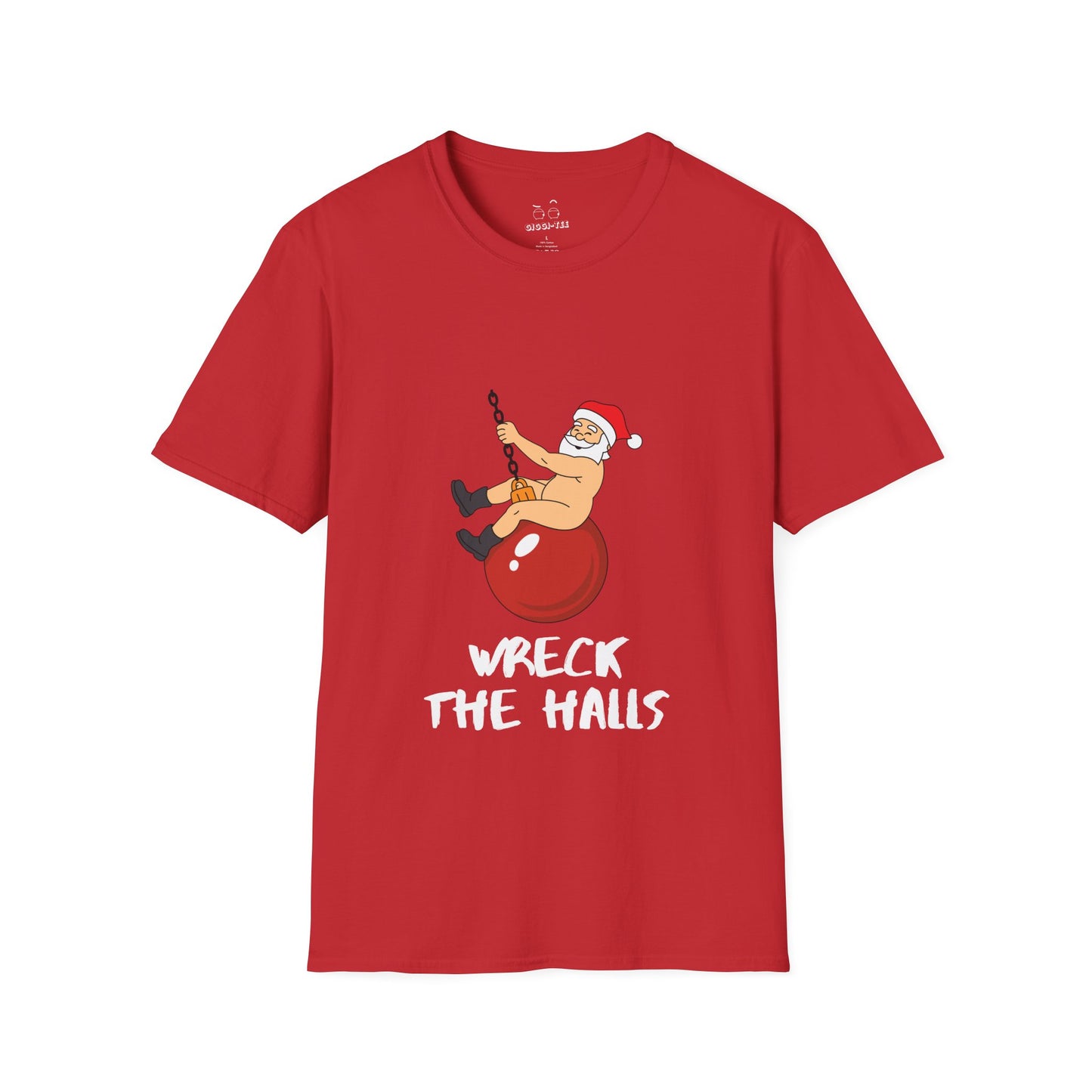 Santa swinging naked on a Christmas ornament like Miley Cyrus in Wrecking Ball, wearing only his hat and boots, funny Christmas shirt design.