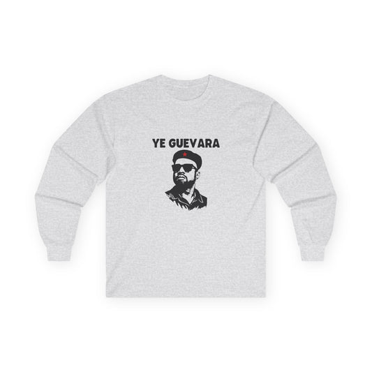 Parody illustration long sleeve shirt design of Kanye West portrayed in the iconic Che Guevara revolutionary poster style wearing a beret