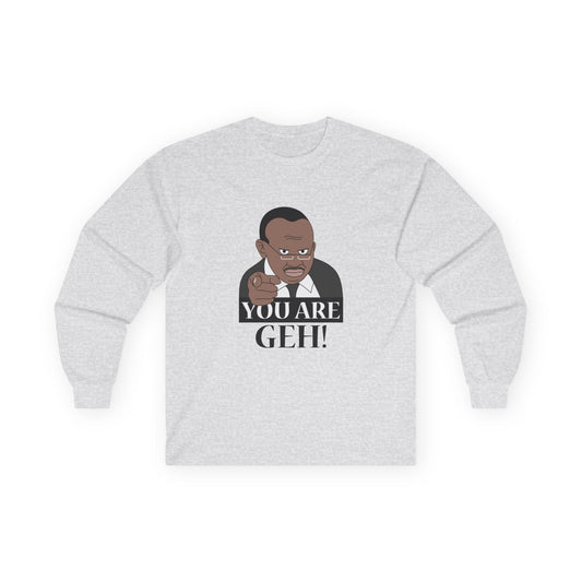 Illustration of the Ugandan TV host from the viral "Why Are You Geh?" clip, pointing forward like Uncle Sam, with bold text saying "You Are Geh!"