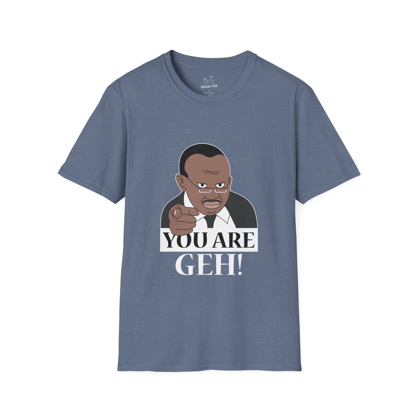 Illustration of the Ugandan TV host from the viral "Why Are You Geh?" clip, pointing forward like Uncle Sam, with bold text saying "You Are Geh!"