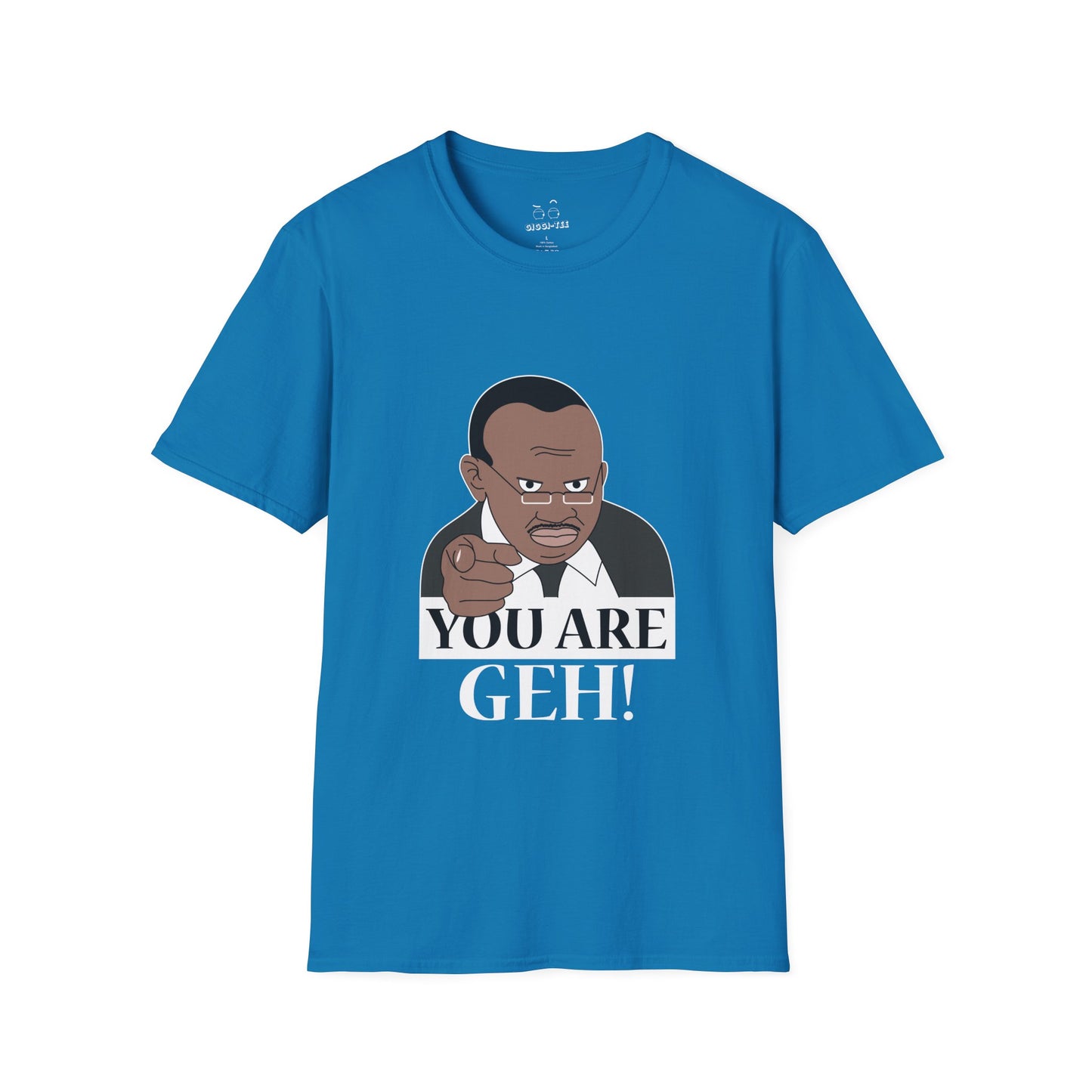 Illustration of the Ugandan TV host from the viral "Why Are You Geh?" clip, pointing forward like Uncle Sam, with bold text saying "You Are Geh!"