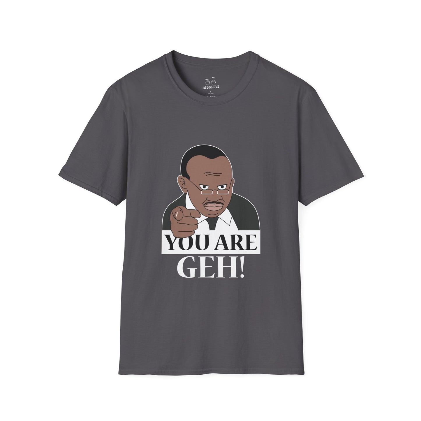 Illustration of the Ugandan TV host from the viral "Why Are You Geh?" clip, pointing forward like Uncle Sam, with bold text saying "You Are Geh!"