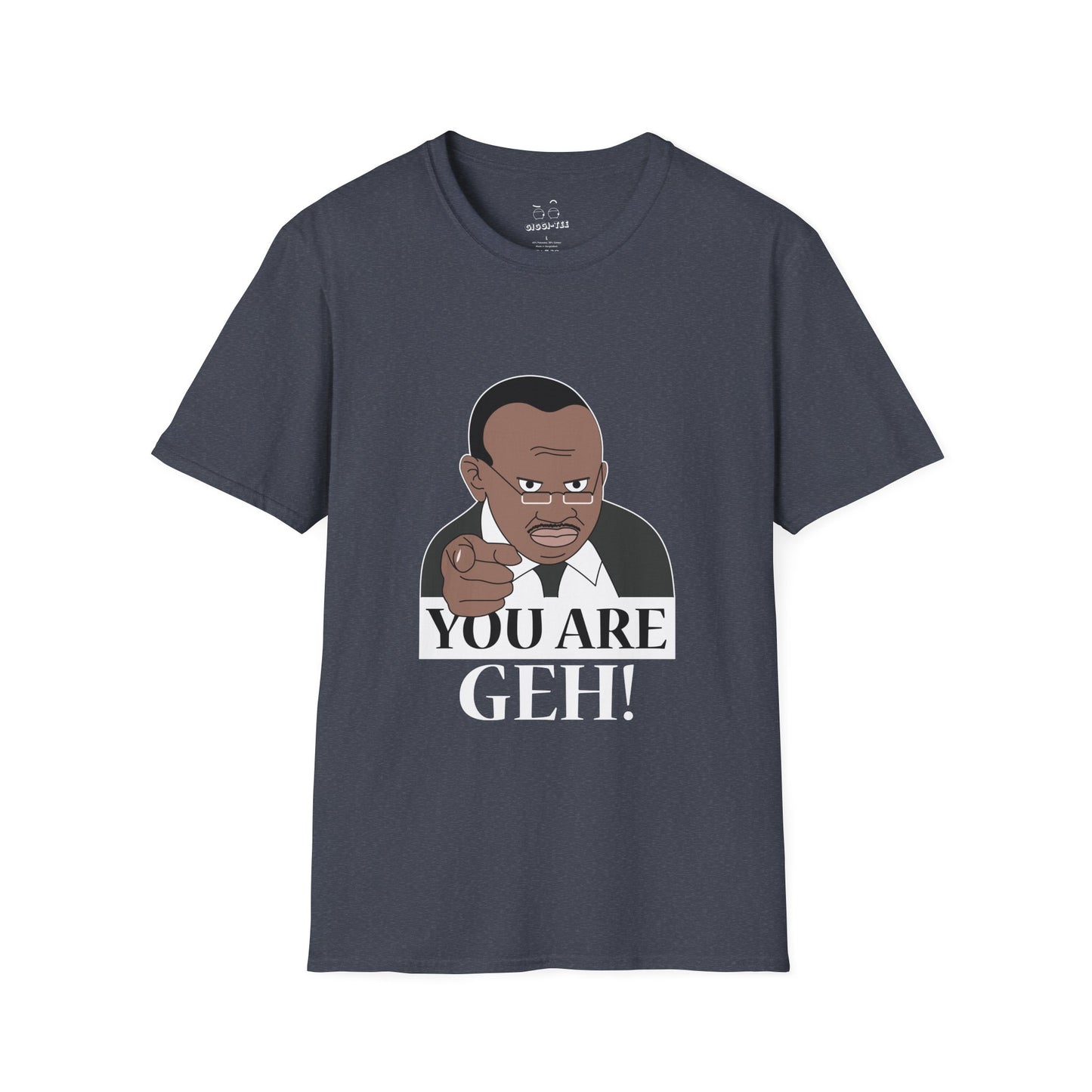 Illustration of the Ugandan TV host from the viral "Why Are You Geh?" clip, pointing forward like Uncle Sam, with bold text saying "You Are Geh!"