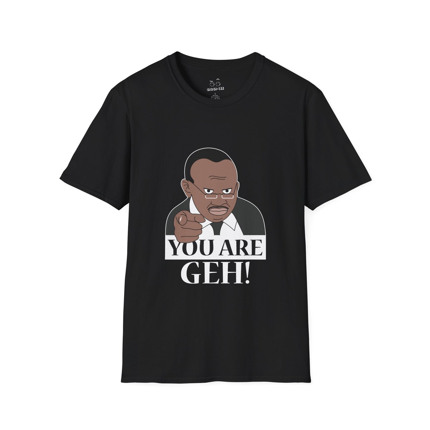 Illustration of the Ugandan TV host from the viral "Why Are You Geh?" clip, pointing forward like Uncle Sam, with bold text saying "You Are Geh!"