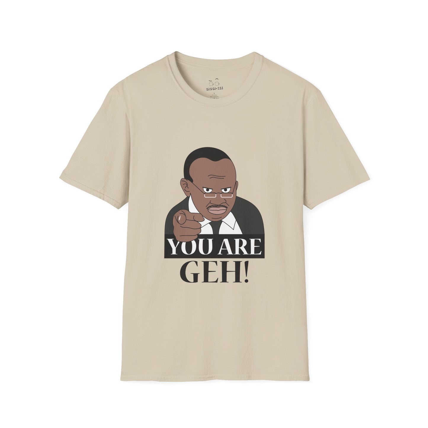 Illustration of the Ugandan TV host from the viral "Why Are You Geh?" clip, pointing forward like Uncle Sam, with bold text saying "You Are Geh!"