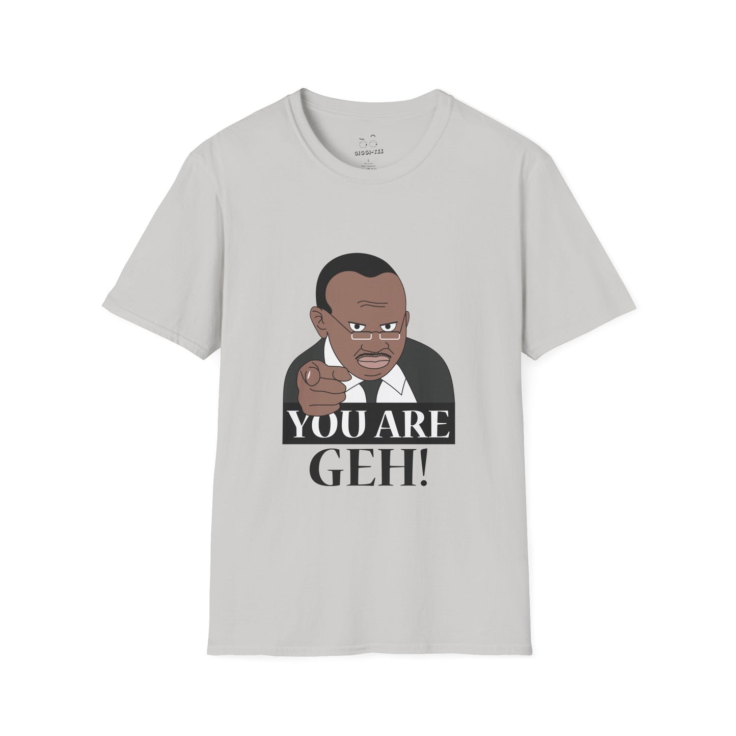 Illustration of the Ugandan TV host from the viral "Why Are You Geh?" clip, pointing forward like Uncle Sam, with bold text saying "You Are Geh!"