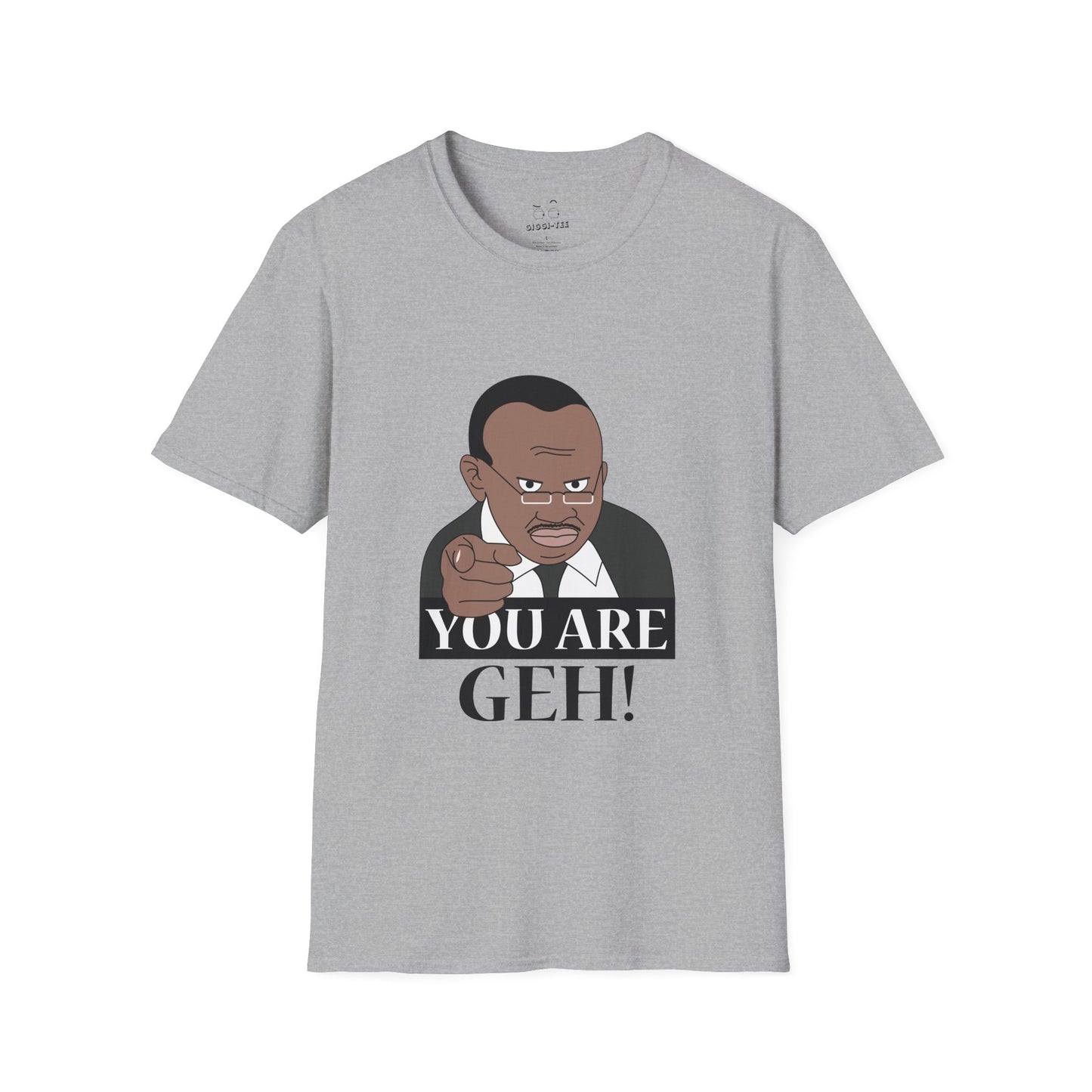 Illustration of the Ugandan TV host from the viral "Why Are You Geh?" clip, pointing forward like Uncle Sam, with bold text saying "You Are Geh!"