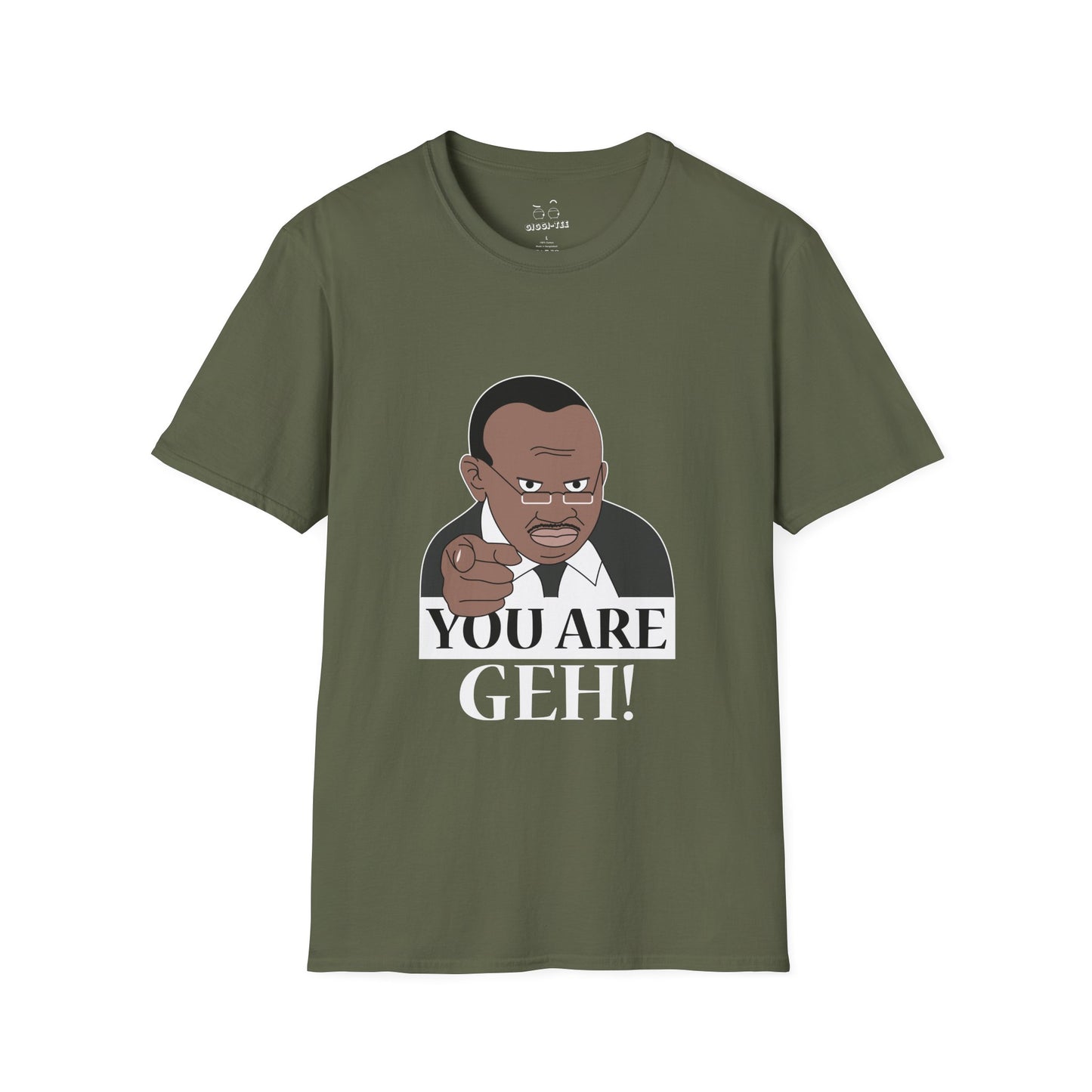Illustration of the Ugandan TV host from the viral "Why Are You Geh?" clip, pointing forward like Uncle Sam, with bold text saying "You Are Geh!"
