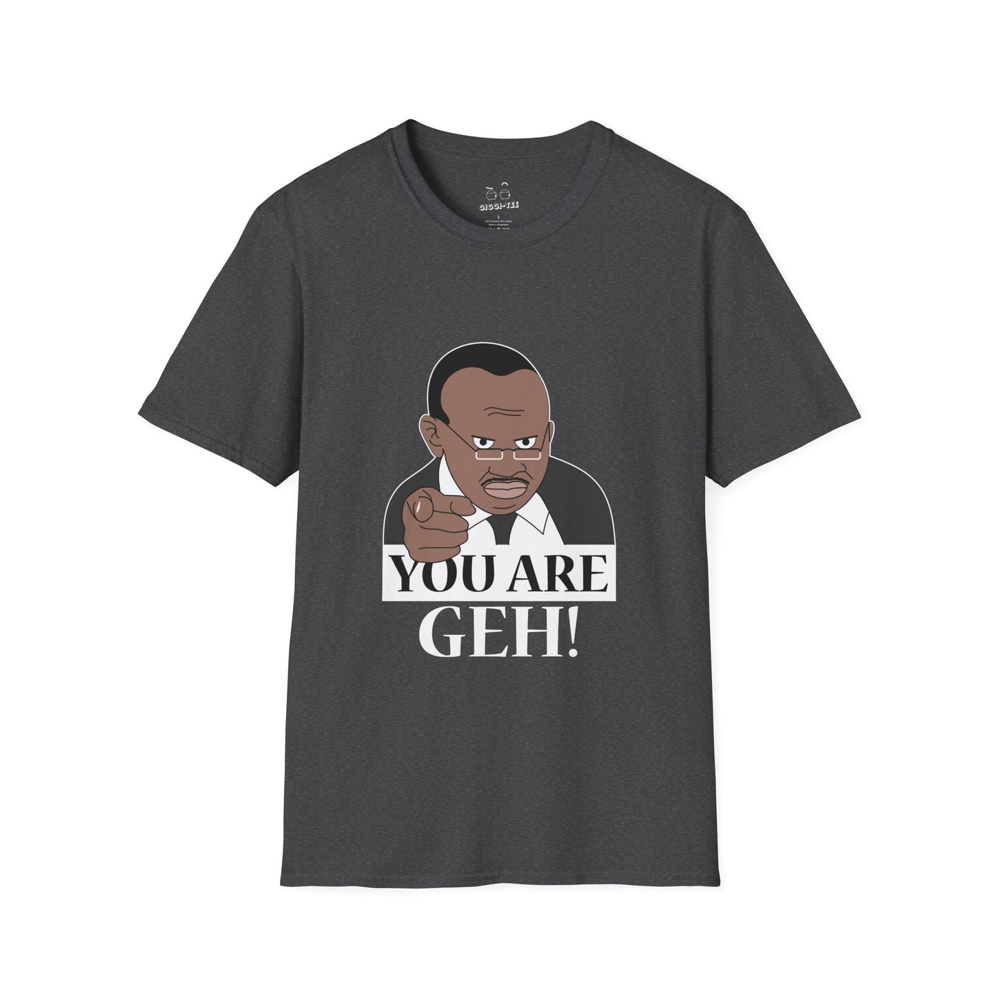 Illustration of the Ugandan TV host from the viral "Why Are You Geh?" clip, pointing forward like Uncle Sam, with bold text saying "You Are Geh!"