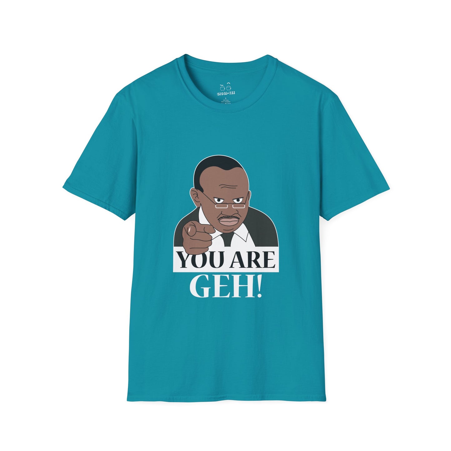 Illustration of the Ugandan TV host from the viral "Why Are You Geh?" clip, pointing forward like Uncle Sam, with bold text saying "You Are Geh!"