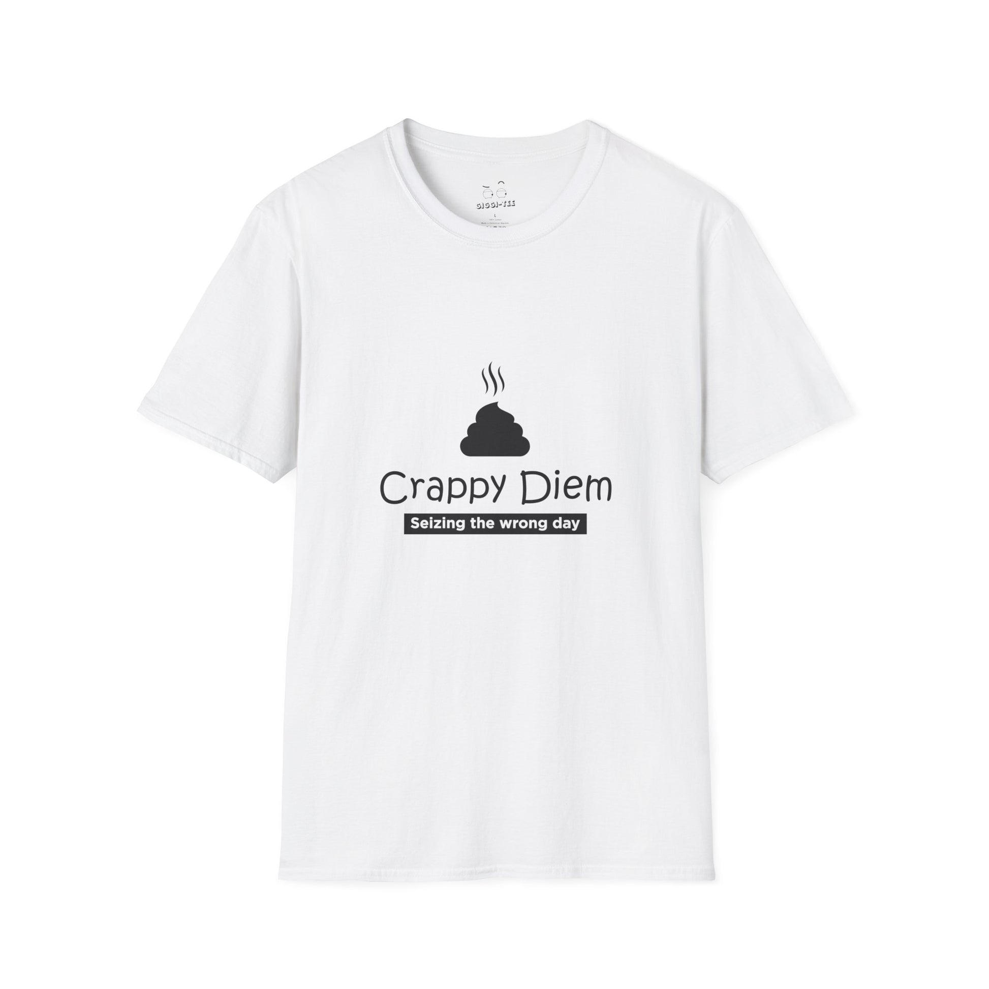 White t-shirt featuring a cartoon poop emoji graphic with the text "Crappy Diem: Seizing the wrong day," a pun on Carpe Diem.