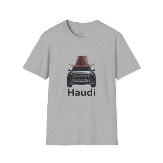 Haudi funny car shirt featuring an Audi with a cowboy hat and toothpick