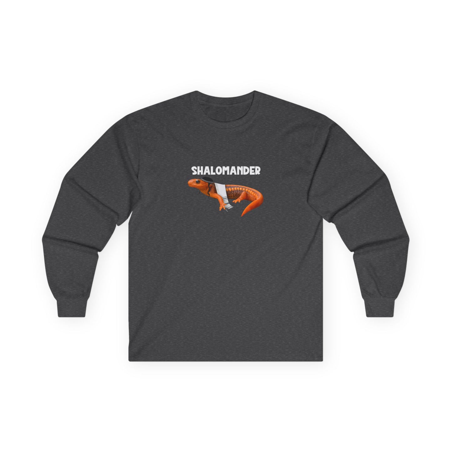 Shalomander: Funny Jewish pun long sleeve shirt featuring a salamander wearing a tallit prayer shawl, kippah, and payot.