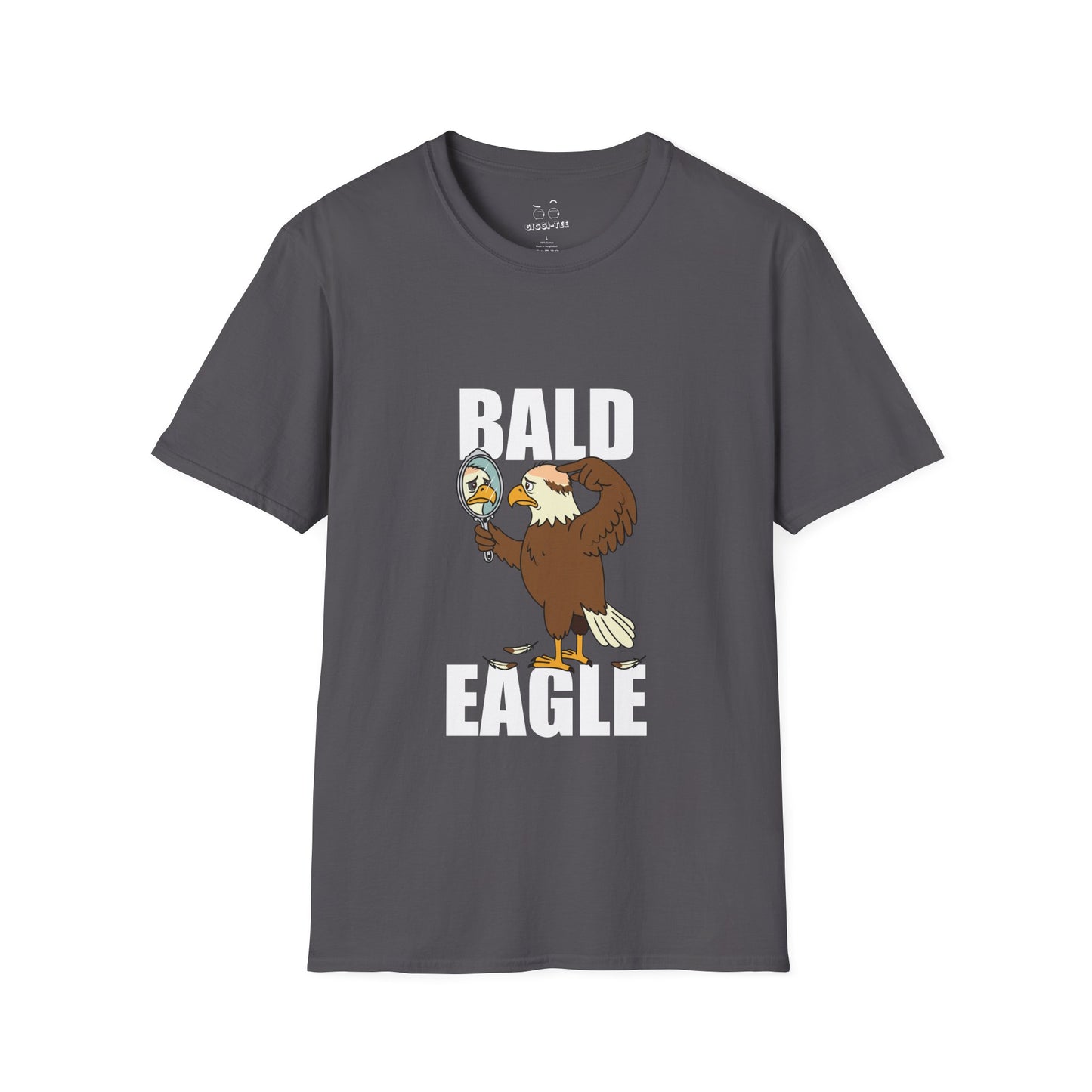 Bald Eagle t-shirt design with a sad eagle showing a bald spot, holding a mirror, and looking disappointed.