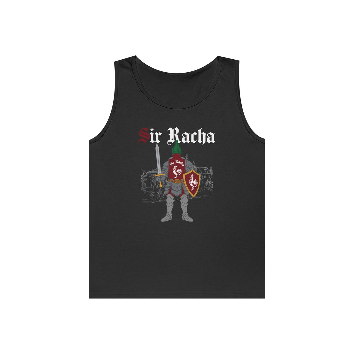 Sir Racha funny sriracha bottle in medieval knight armor tank top