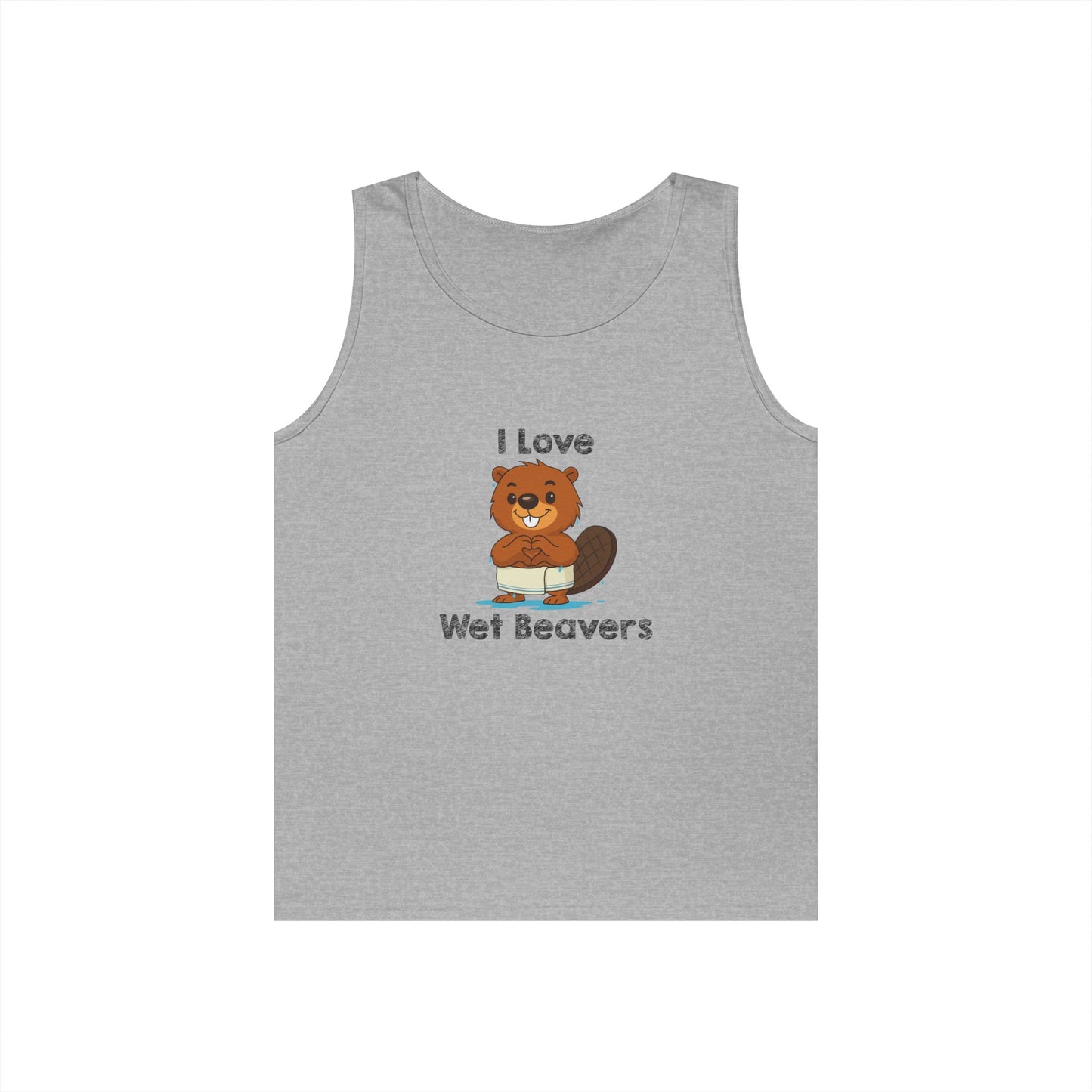 Funny beaver cartoon wearing a towel and dripping water, making a heart shape with its hands, “I Love Wet Beavers” humorous graphic design tank top