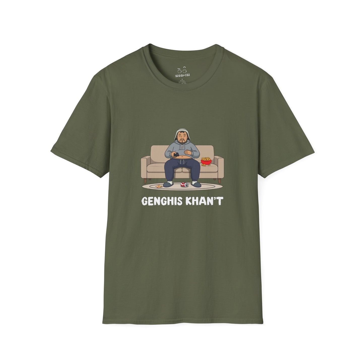 Genghis Khan't featuring Genghis Khan wearing gray sweatpants and hoodie, lounging on a couch in front of a TV, modern humorous historical parody t-shirt design