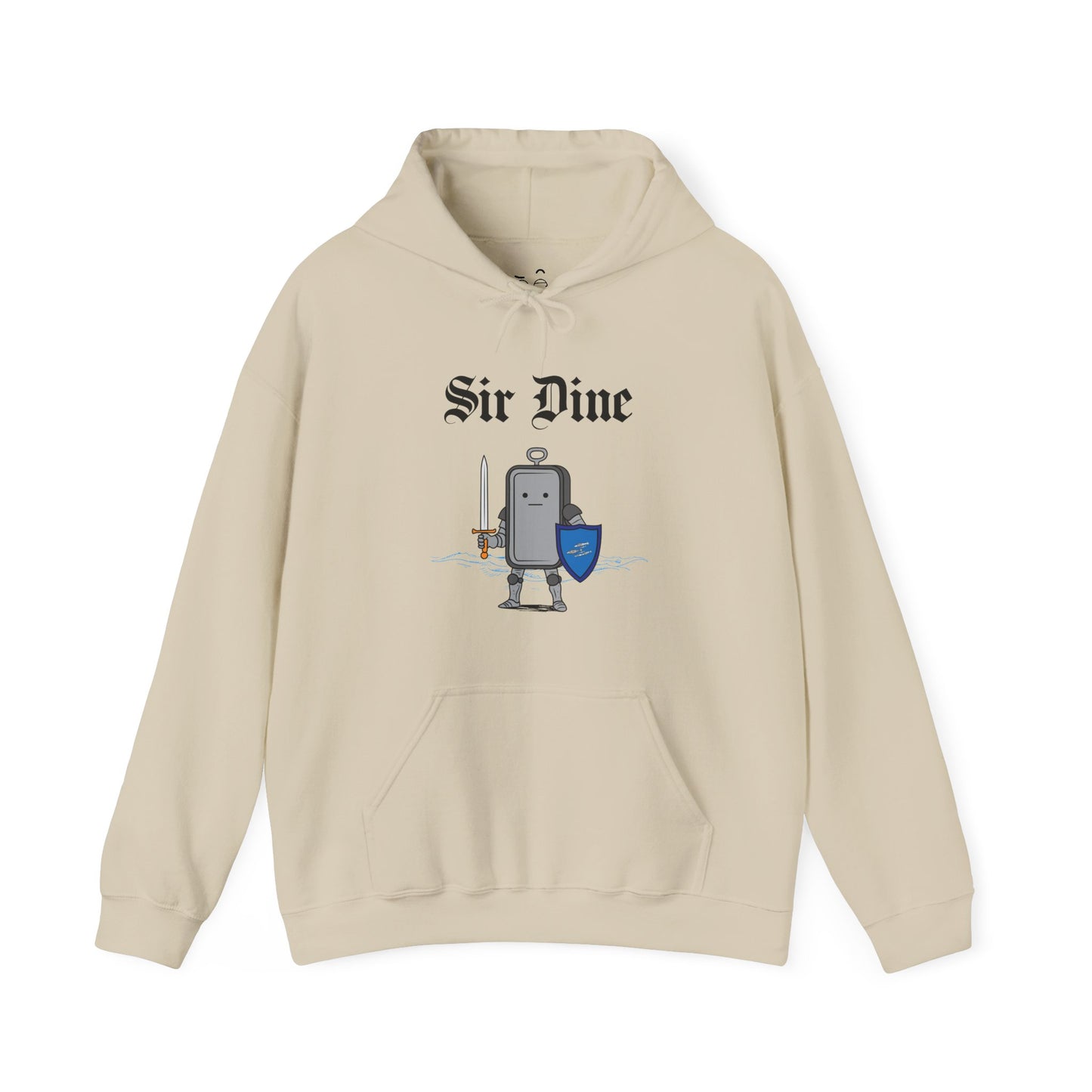 Sir Dine hoodie graphic showing a sardine can dressed as a knight in shining armor