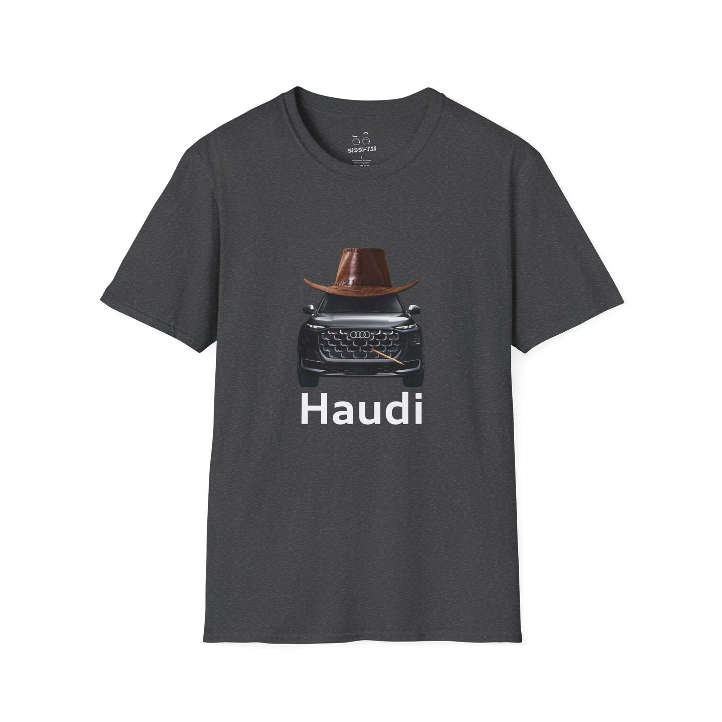 Haudi funny car shirt featuring an Audi with a cowboy hat and toothpick