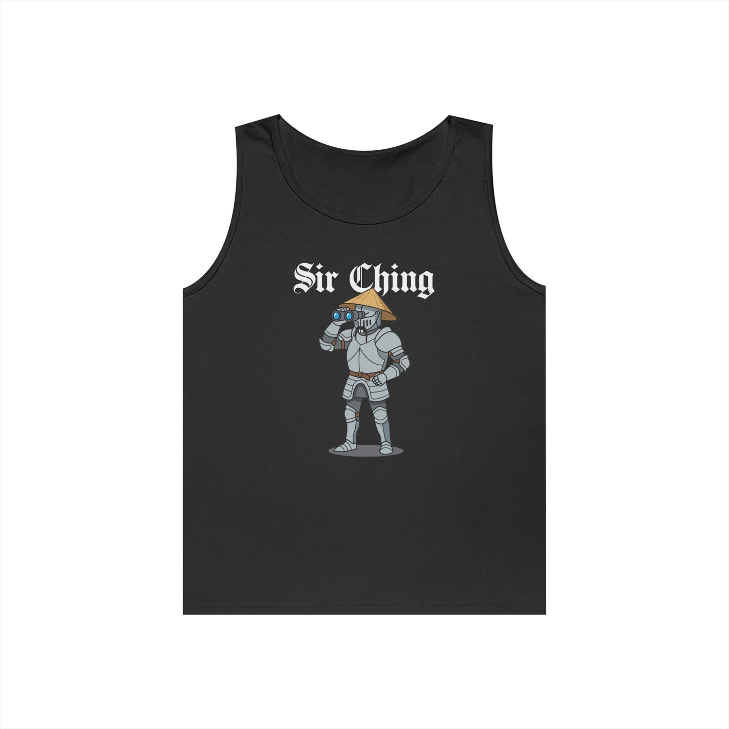 Sir Ching funny knight graphic tank top showing a goofy Asian-inspired medieval knight in shining armor searching with binoculars, wearing a cone hat and buck teeth.