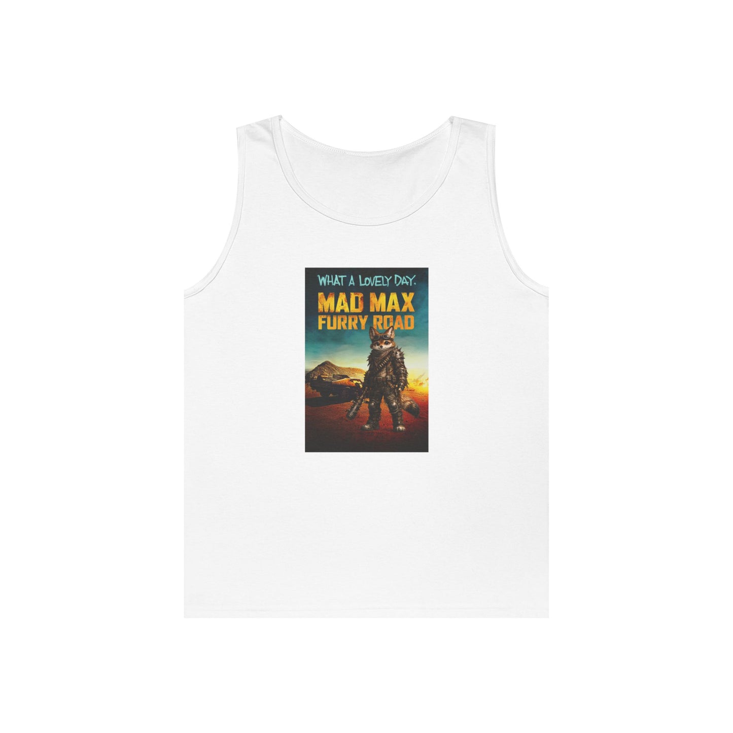 Mad Max Furry Road tank top design featuring a furry character in a funny post-apocalyptic parody poster.