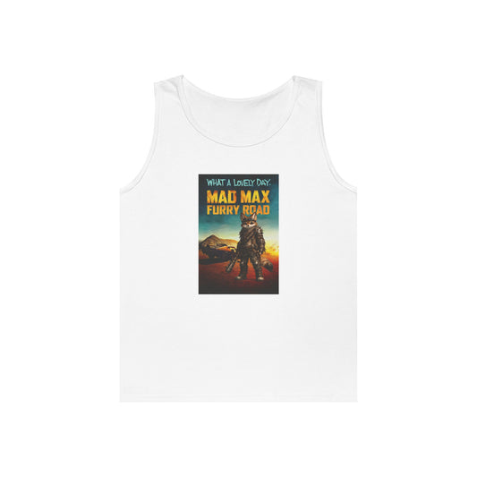Mad Max Furry Road tank top design featuring a furry character in a funny post-apocalyptic parody poster.