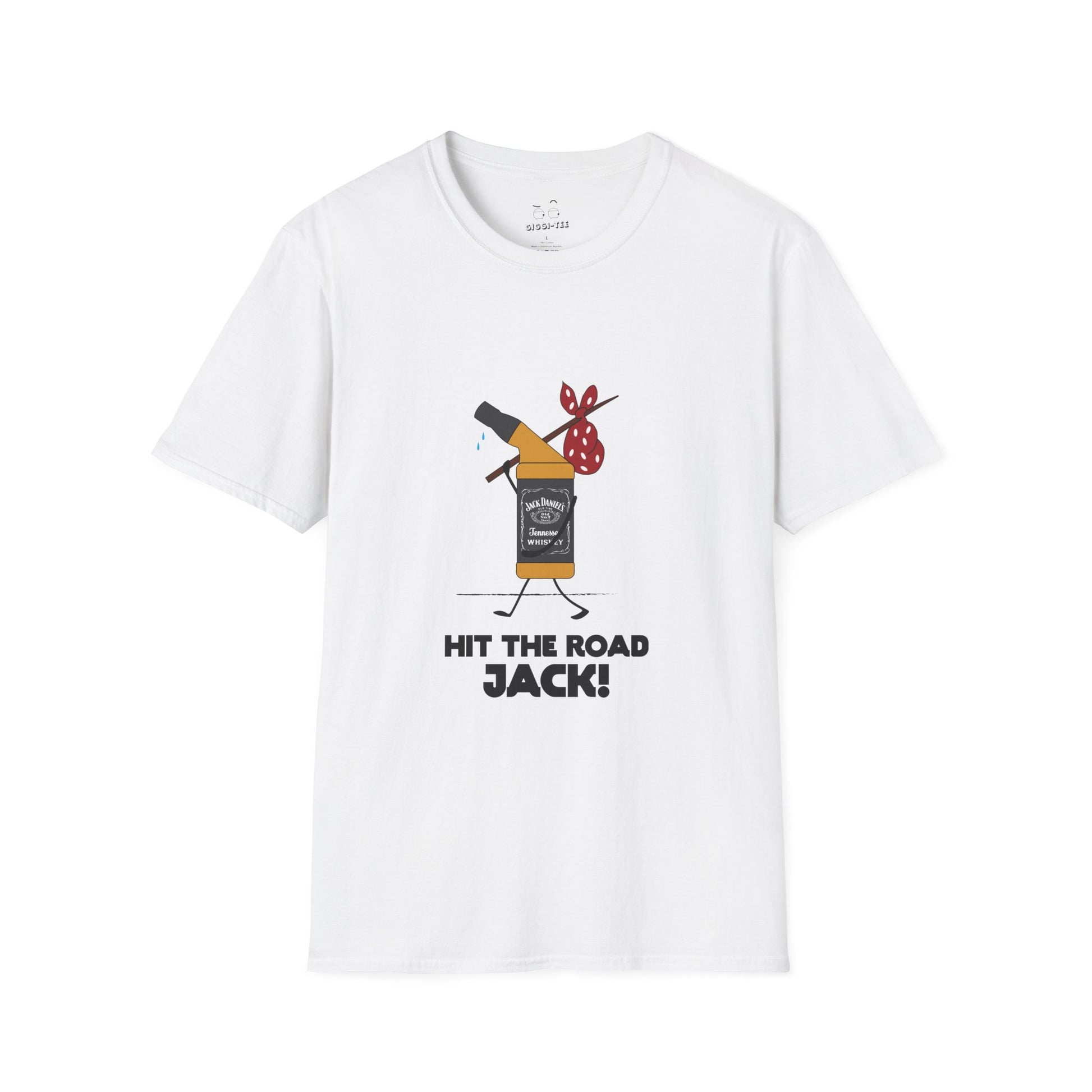 T-shirt showing a personified Jack Daniels whiskey bottle crying and carrying a bindle on a stick, walking down a road.