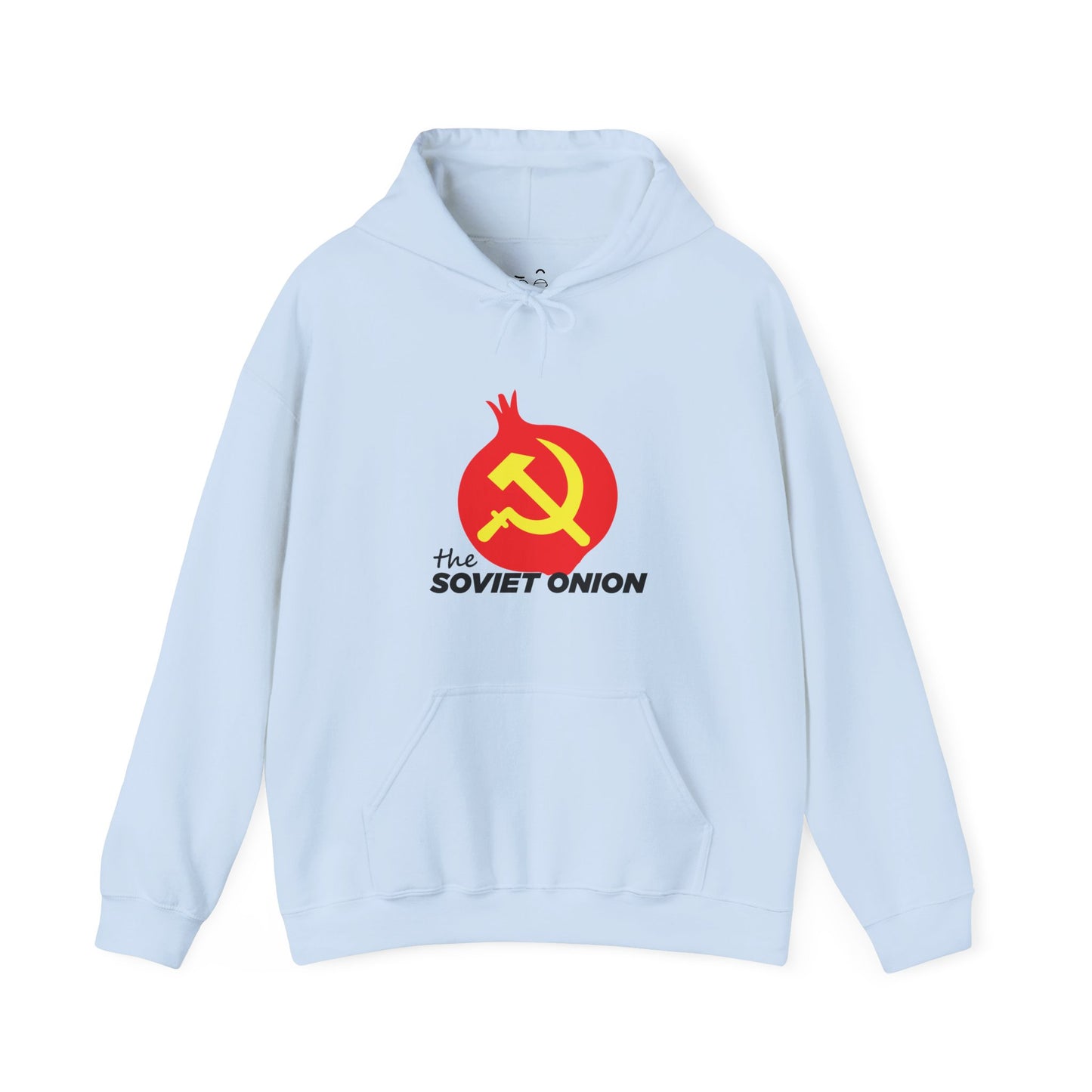 The Soviet Onion parody hoodie featuring a red vector-style onion with Soviet-inspired symbol design