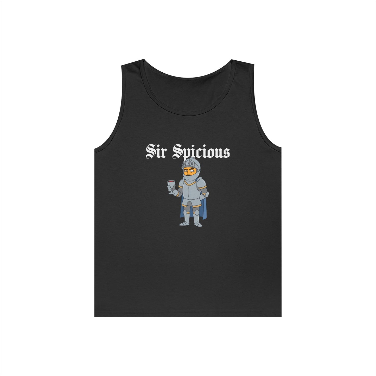 Sir Spicious suspicious medieval knight graphic on a white tank top
