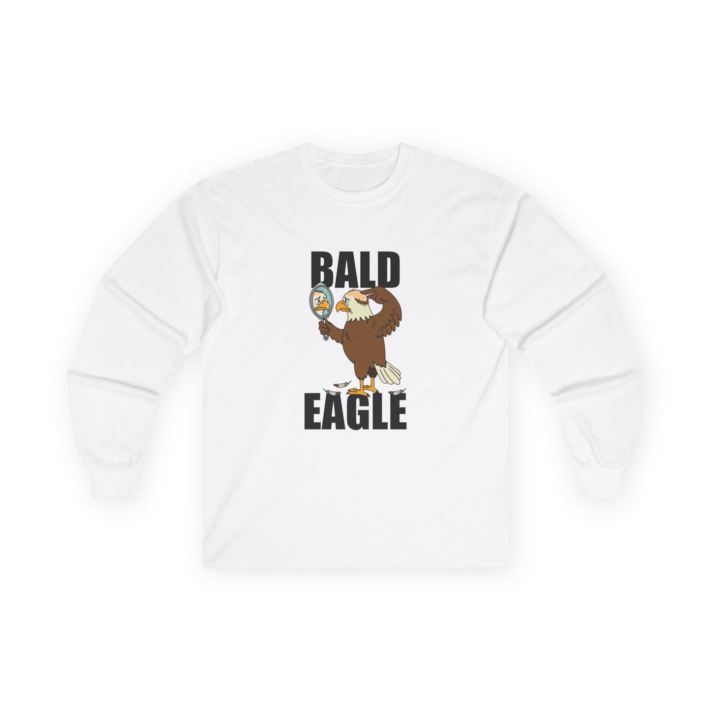 Funny Bald Eagle long sleeve shirt design with a bald eagle holding a mirror and showing a bald spot.