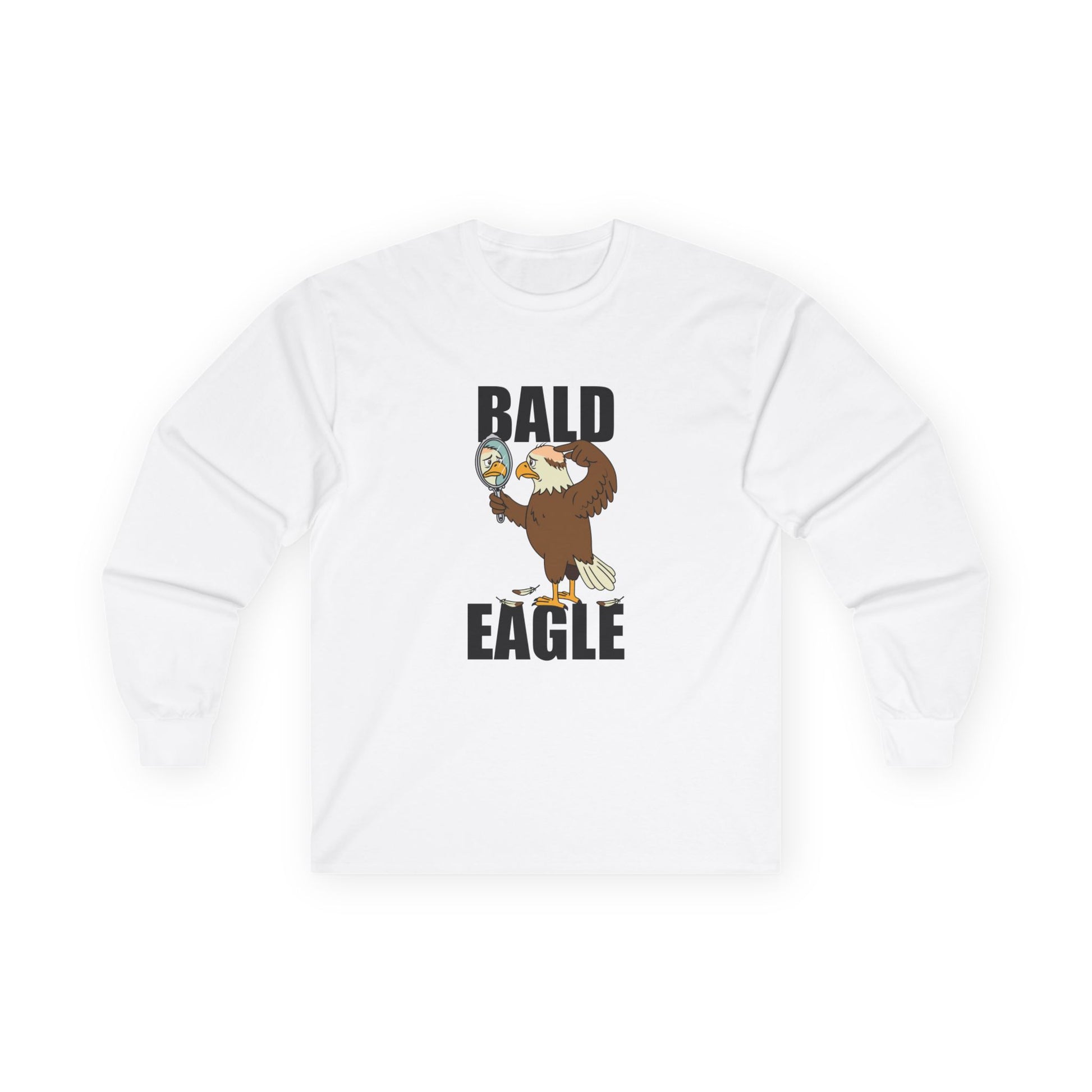 Funny Bald Eagle long sleeve shirt design with a bald eagle holding a mirror and showing a bald spot.