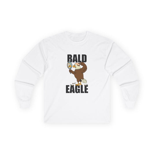 Funny Bald Eagle long sleeve shirt design with a bald eagle holding a mirror and showing a bald spot.