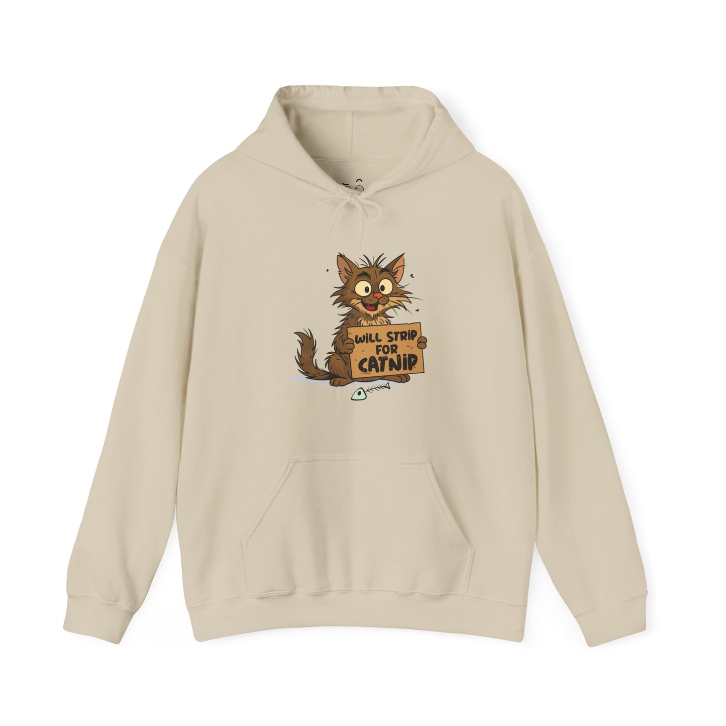 Will Strip for Catnip hoodie featuring a feral street cat holding a cardboard sign asking for catnip