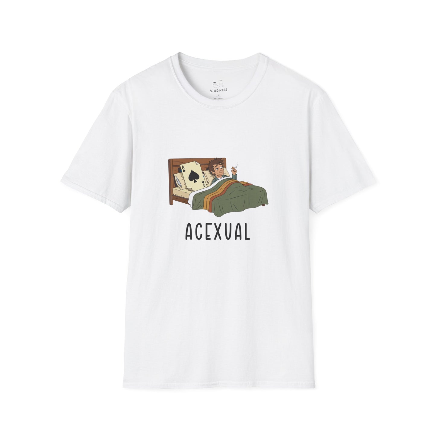 Funny Acexual shirt design showing a man lying in bed next to an Ace playing card in a humorous asexual pun illustration.