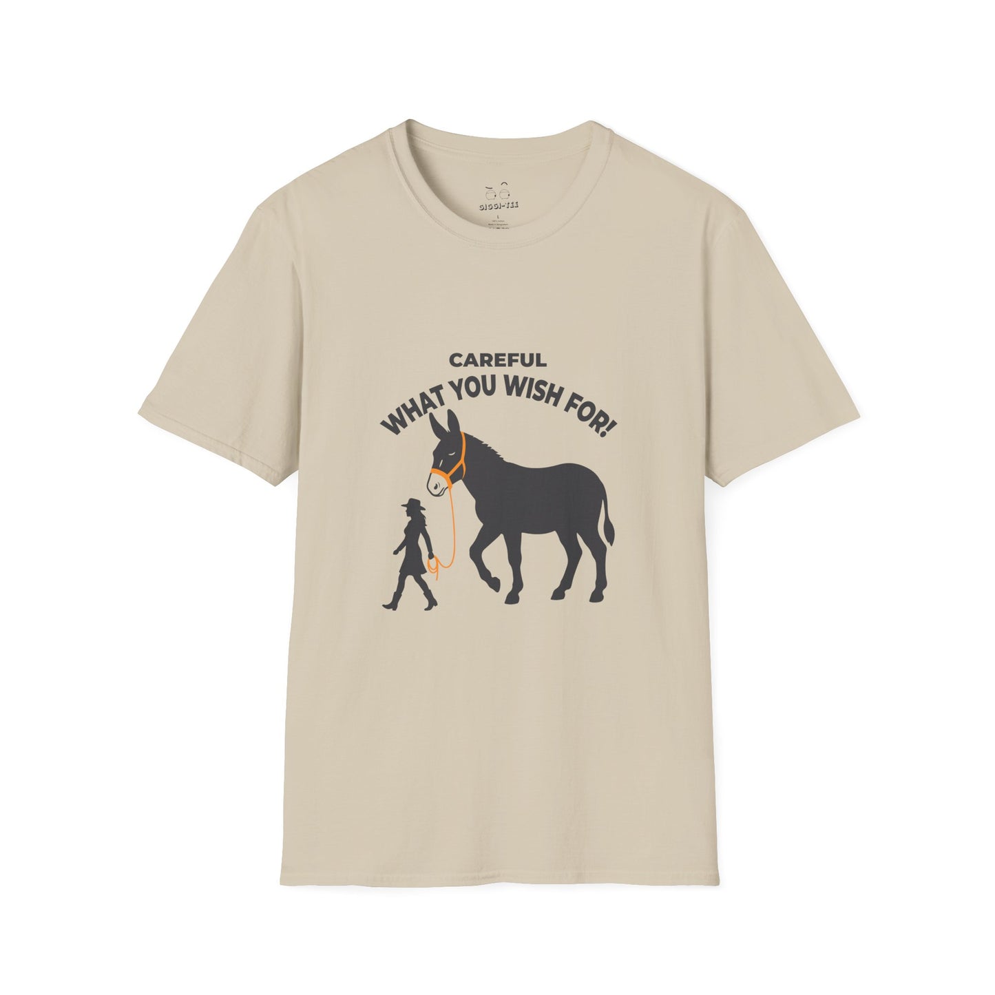 Funny Big Ass t-shirt featuring a woman walking a giant donkey on a leash with the phrase Careful What You Wish For