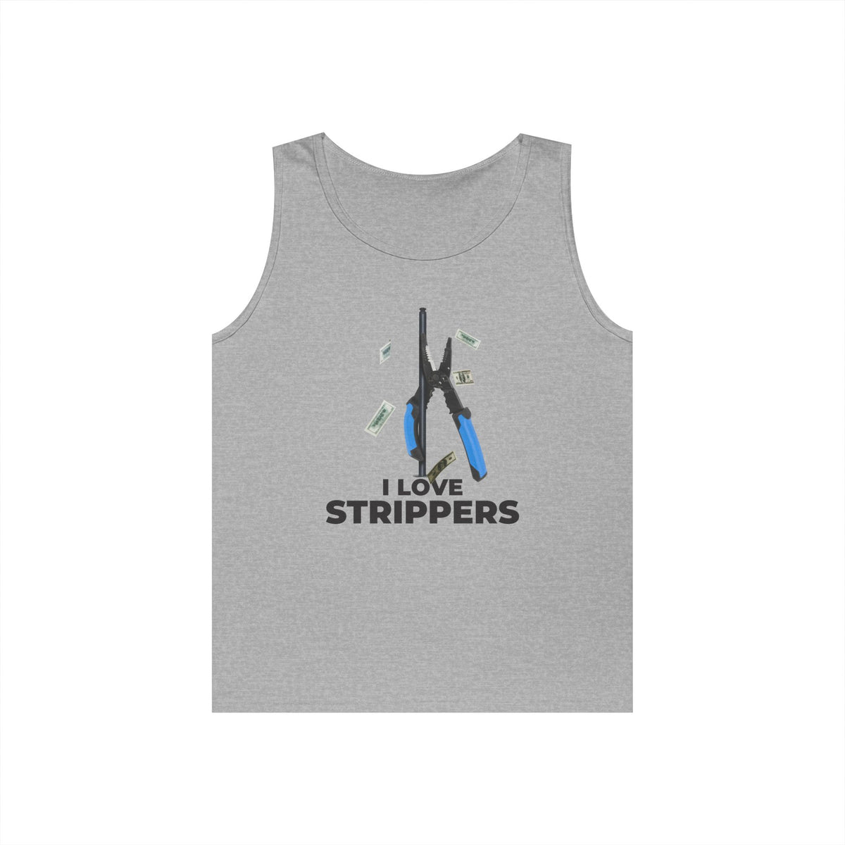 I Love Strippers tank top featuring a wire stripper dancing on a pole with flying dollar bills, funny electrician pun graphic.