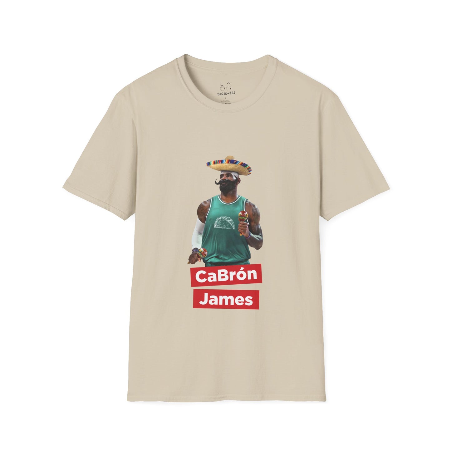 CaBron James parody illustration of LeBron James wearing a sombrero, giant Mexican-style mustache, holding maracas, and wearing a taco-themed basketball jersey.