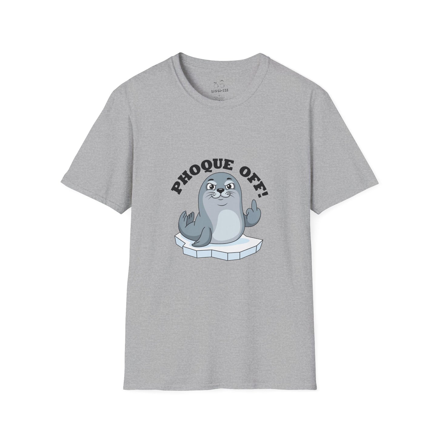 A seal giving the middle finger with the words "Phoque Off," a humorous French wordplay graphic design for a funny pun T-shirt.