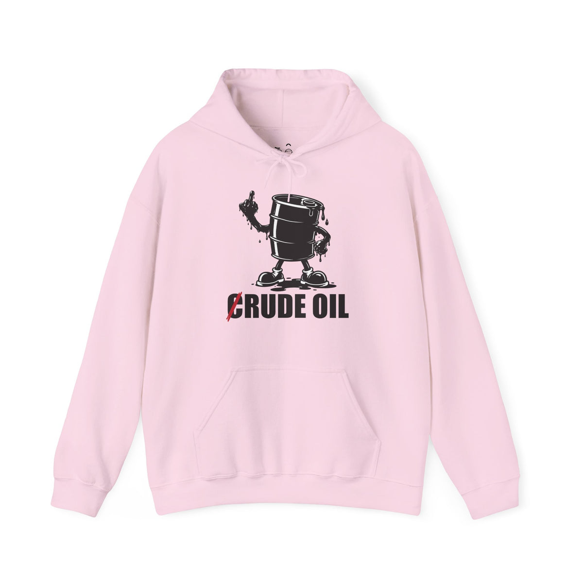 Graphic hoodie featuring a Rude Oil illustration of an oil barrel giving the middle finger with an oil-shaped hand, alongside the crossed-out C in Crude Oil.