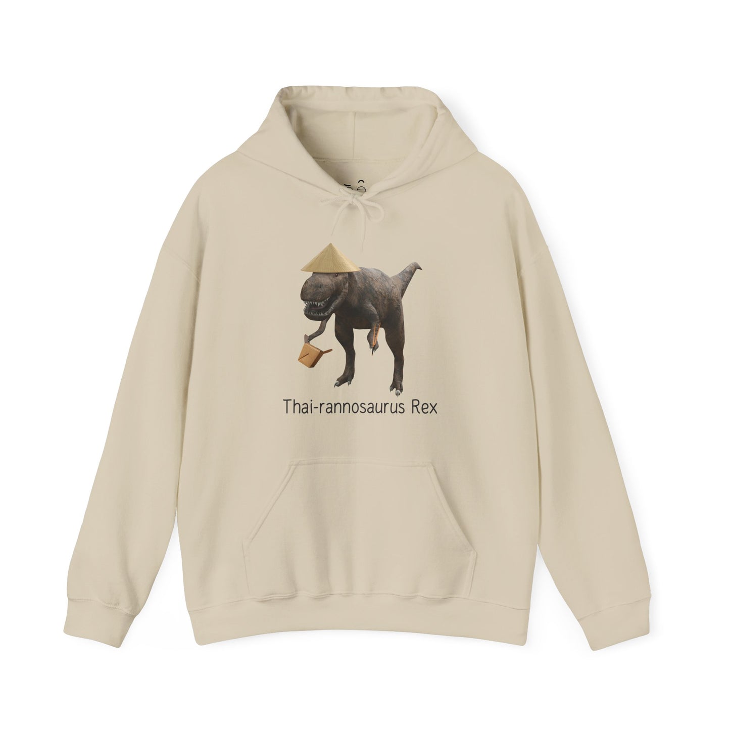 Thai-rannosaurus Rex hoodie featuring a T-Rex with chopsticks and takeout box