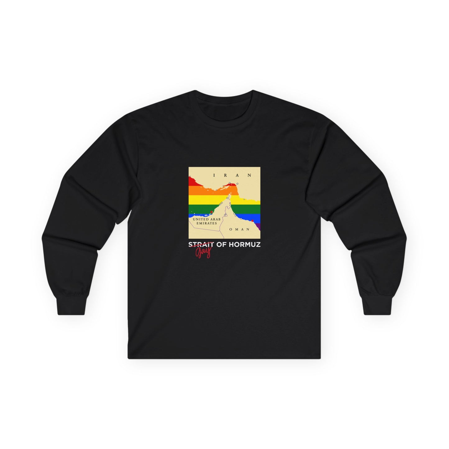 Funny long sleeve shirt with minimalist vector map of the Strait of Hormuz, Gay of Hormuz with a rainbow Pride flag filling the water between landmasses.