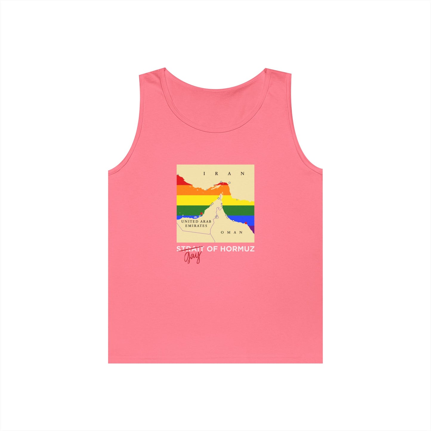 strait of hormuz map parody rainbow flag water gay of hormuz iran tank top design