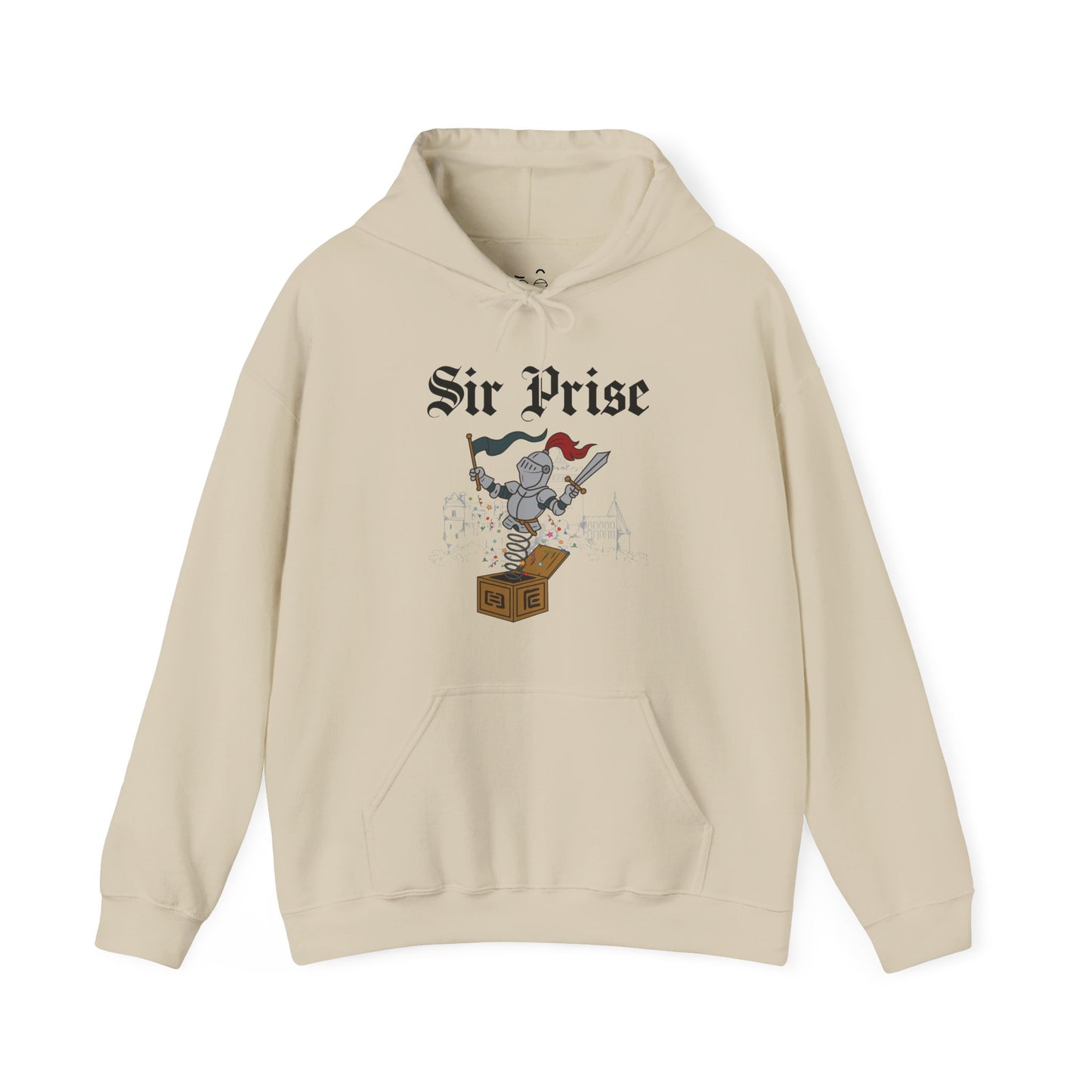 Sir Prise parody hoodie featuring a knight jumping out of a jack-in-the-box